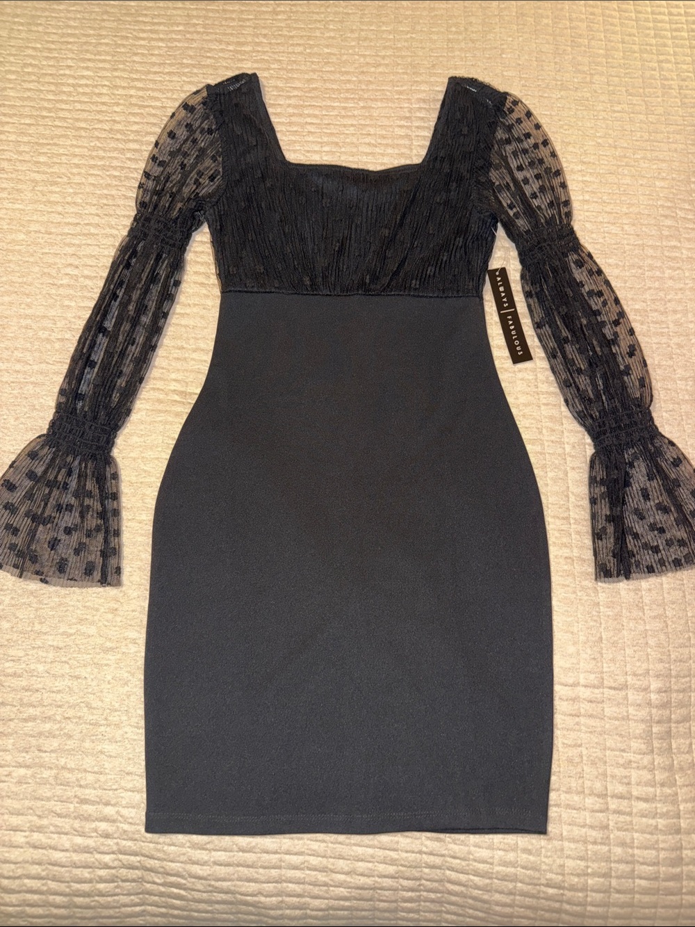 Absolutely Famous Black Square-Neck Long-Sleeve Mesh Dress